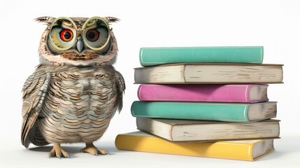 Obraz premium Cute cartoon owl next to a pile of books isolated on white background. 3D illustration.