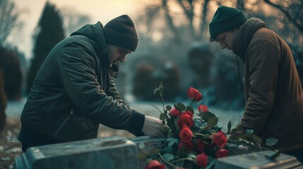 Two men paying respects at a gravesite