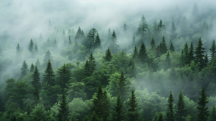 Beautiful Misty green fir forest  landscape high angel drone view