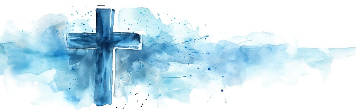 Watercolor blue religious background white cross on blue background