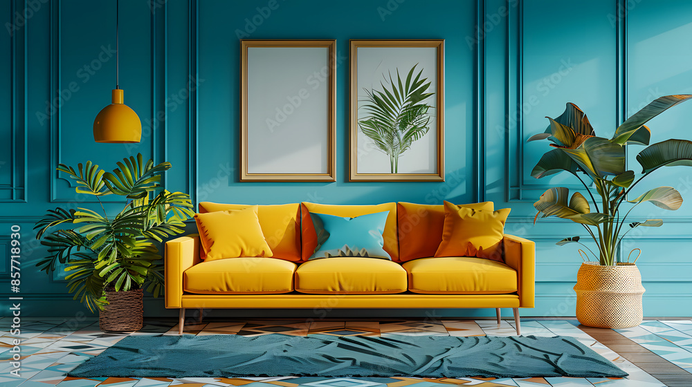 Wall mural modern creative living room interior design backdrop ideas concept house beautiful background elevation of sofa with decorative photo paint frame  - Wall murals