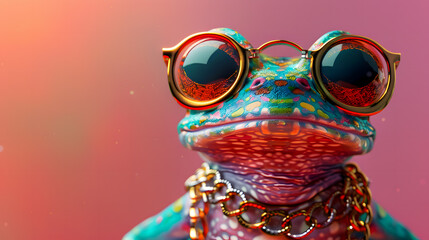 Modern Feng Shui fortune frog with glasses, golden chain and necklace on pastel background 