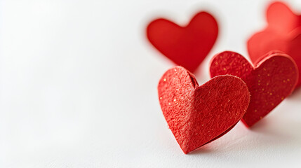 Fototapeta premium Beautiful hand made post card with paper hearts, close-up,Beautiful pink paper hearts on white paper background,Red paper hearts isolated on white background