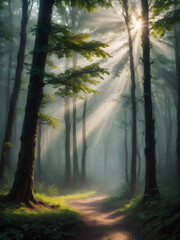 Obraz premium Capture the serene beauty of a forest in the early morning. Mist hangs low to the ground, with sunlight piercing through the trees, creating a mystical atmosphere.