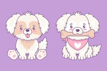 Cute white fluffy dog with tongue hanging out and with big bone in his mouth. Funny cartoon kawaii pet. Vector illustration. Isolated animals. Kids collection