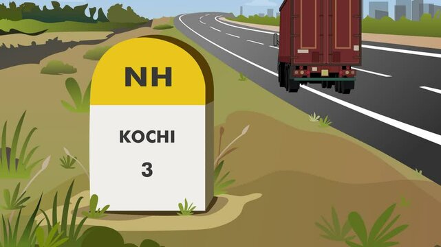 Animation shot of Highway milestone displaying distance to kochi city of kerela India with Carriage Freight truck passing by the road