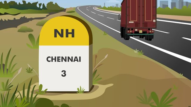 Animation shot of Highway milestone displaying distance to chennai city of tamil nadu India with Carriage Freight truck passing by the road