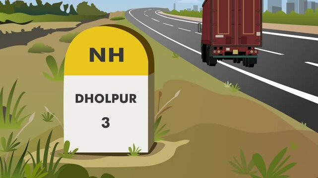 Animation shot of Highway milestone displaying distance to dholpur city of rajasthan India with Carriage Freight truck passing by the road