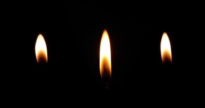 Set of flames of burning candles isolated on a black background