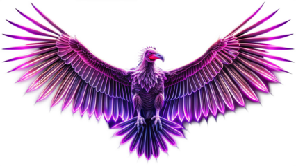 flying Vulture Neon rim light purple vulture angel. white background. AI GENERATED