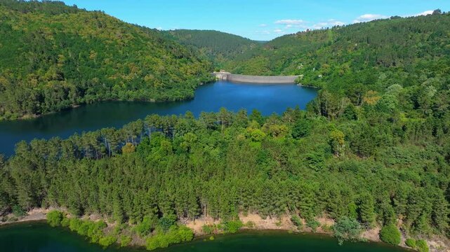 Rio Avia Lake And Encoro de Albarellos Treatment Plant In Galicia, Spain. Aerial Drone Shot