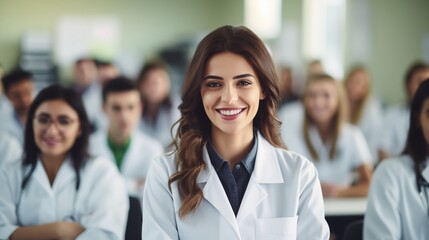 Fototapeta premium female doctor, nurse, portrait image standing in the front row of a medical education class or lecture room, grinning, confident, and content