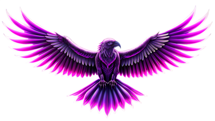 flying Vulture Neon rim light purple vulture angel. white background. AI GENERATED