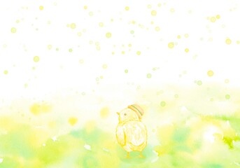 野原を歩く可愛いひよこのフレーム。幸せな雰囲気あふれる水彩イラスト。 © Aomi.art