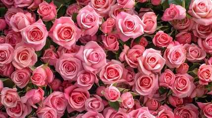 Fototapeta premium Soft Pink Roses in Full Bloom Displaying Delicate Petals and Lush Greenery
