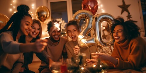 Fototapeta premium Friends celebrate indoors with balloons and sparklers, exuding youthful energy and cheerful cheer at a lively party, creating a joyous and exciting atmosphere filled with happiness and enjoyment