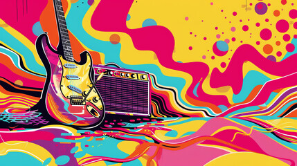 pop art 60s psychedelic colorful trippy retro style image of an electric guitar and amplifier with music coming out of it in fat colorful waves and dance party atmosphere background