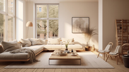 Obraz premium Living room with modern interior design. Scandinavian apartment with plaster and wood, bright and airy
