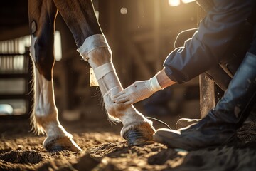 A vet bandages a horse's leg in warm sunlight inside a stable, highlighting the care and attention given to the animal's well-being.