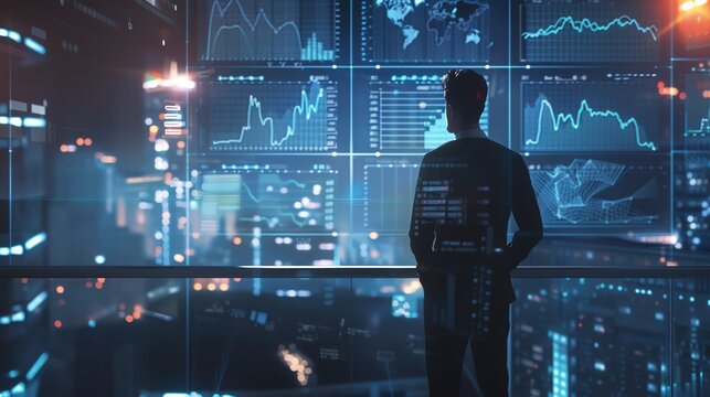 Businessman analyzing stock market data on futuristic digital screens in modern office overlooking cityscape at night.