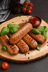 Grilled meat sausages on a wooden board