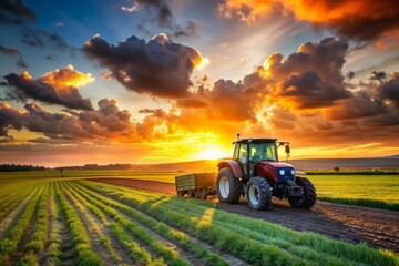 Fototapeta premium A red tractor is driving through a field of green grass