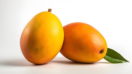 Two ripe mangoes placed on a white table.