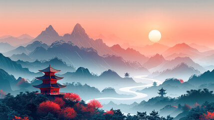 Watercolor and ink illustration of chinese landscape with pagoda and mountains Traditional asian architecture.Generative AI