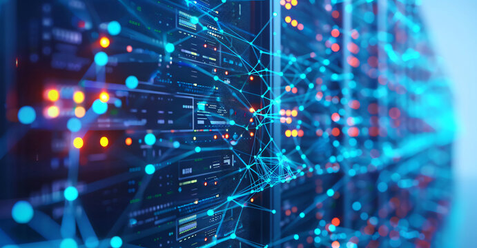 abstract digital banner of security network connection with data center and web server in background, abstract concept for smart technology or internet security