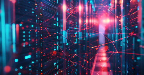 abstract digital banner of security network connection with data center and web server in background, abstract concept for smart technology or internet security