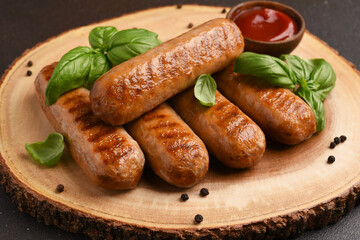 Grilled meat sausages on a wooden board