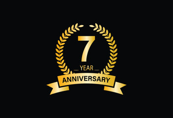 7 years anniversary logo with golden ring and ribbon for booklet, leaflet, magazine, brochure poster, banner, web, invitation or greeting card. Vector illustrations.