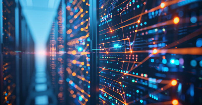 abstract digital banner of security network connection with data center and web server in background, abstract concept for smart technology or internet security