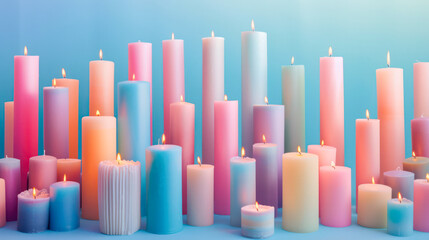 Obraz premium A simple yet vibrant image showcasing a neat row of pastel-colored candles against a blue background.Generative AI