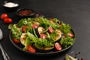 Lettuce leaves with grilled tomatoes and eggplants on a dark background