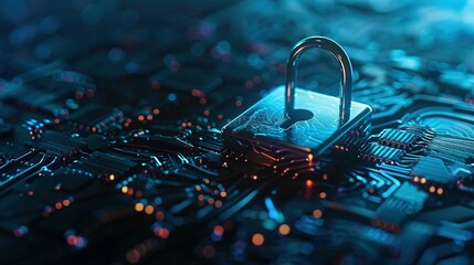 Digital padlock on a dark blue background representing cyber security technology for fraud prevention and data privacy protection in computing systems.