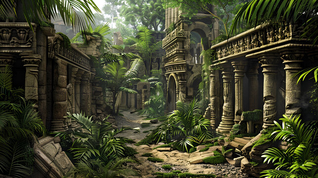 An old ruined temple in the jungle,
Captivating depiction of an ancient old ruins Beautiful illustration picture

