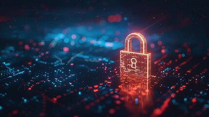 Digital padlock on a dark blue background representing cyber security technology for fraud prevention and data privacy protection in computing systems.