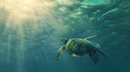 Obraz premium Minimalist sea turtle swimming underwater peaceful and serene, A turtle swimming under the water with the sun shining on it. 