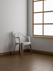 A large, bright room with white walls and high windows.