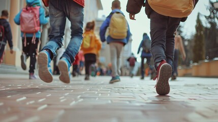Group of kids run to school together