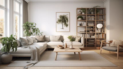 The exquisite living room with its comfy carpet, mid-century furniture, white walls, and indoor plants epitomizes modern Scandinavian home interior design