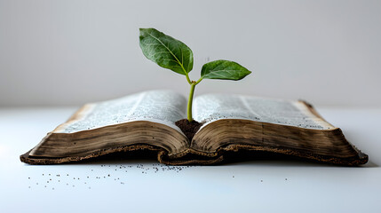 Mustard plant growing on book symbolizes Christian faith and spiritual growth white background