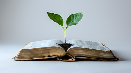 Mustard plant growing on book symbolizes Christian faith and spiritual growth white background