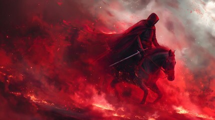 The Second of the Four Horsemen of the Apocalypse, Given a Great Sword and Riding a Red Horse Symbolizing War and Bloodshed. Bible illustration from the Book of Revelation
