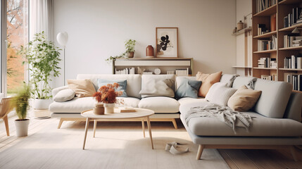 The exquisite living room with its comfy carpet, mid-century furniture, white walls, and indoor plants epitomizes modern Scandinavian home interior design