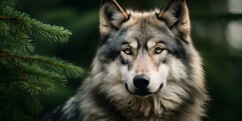 Fototapeta premium Closeup portrait of a grey wolf in nature with blurred pine trees. Concept Wildlife Photography, Animal Portraits, Natural Habitat, Blurred Backgrounds, Closeup Shots