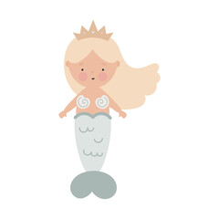 Cute mermaid. Flat cartoon vector illustration isolated on white background. For card, posters, stickers, banners, printing on the pack, printing on clothes, fabric, wallpaper.	