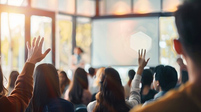 A woman is raising hand up while businessman is speaking in training at the office.