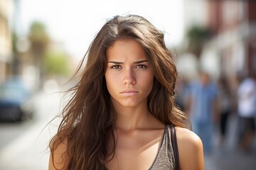 Fototapeta premium A woman with long hair is standing on a street